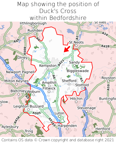 Map showing location of Duck's Cross within Bedfordshire