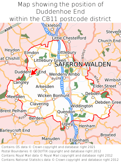 Map showing location of Duddenhoe End within CB11