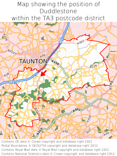 Map showing location of Duddlestone within TA3