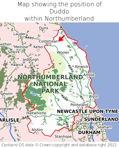 Map showing location of Duddo within Northumberland