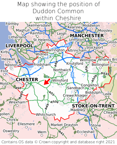 Map showing location of Duddon Common within Cheshire