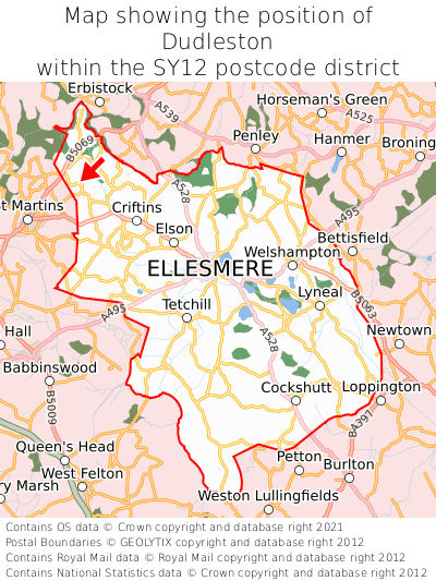 Map showing location of Dudleston within SY12