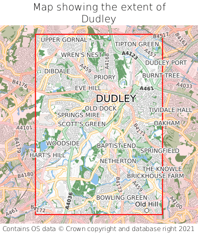 Map showing extent of Dudley as bounding box