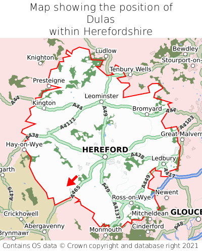 Map showing location of Dulas within Herefordshire