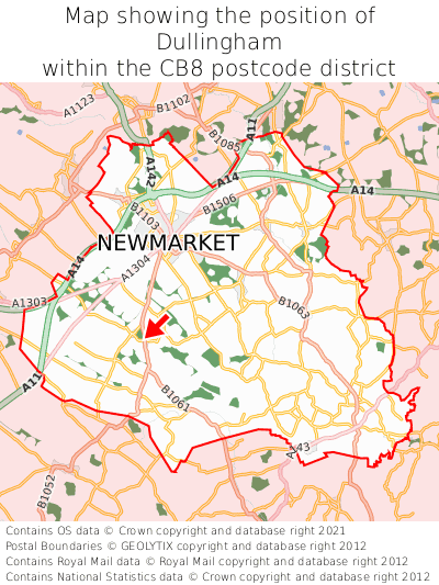 Map showing location of Dullingham within CB8