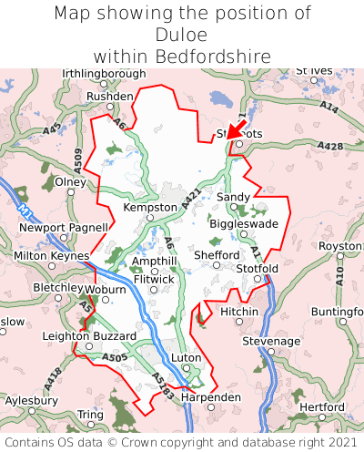 Map showing location of Duloe within Bedfordshire