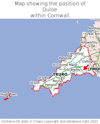 Map showing location of Duloe within Cornwall