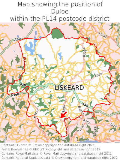 Map showing location of Duloe within PL14