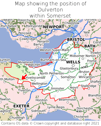 Map showing location of Dulverton within Somerset