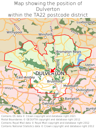 Map showing location of Dulverton within TA22