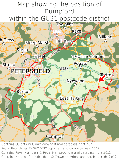 Map showing location of Dumpford within GU31