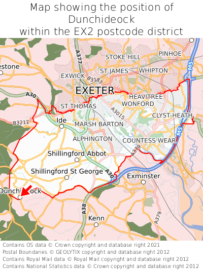 Map showing location of Dunchideock within EX2