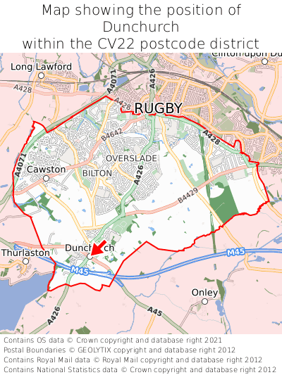 Map showing location of Dunchurch within CV22