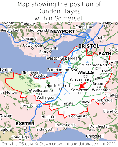 Map showing location of Dundon Hayes within Somerset