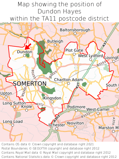 Map showing location of Dundon Hayes within TA11