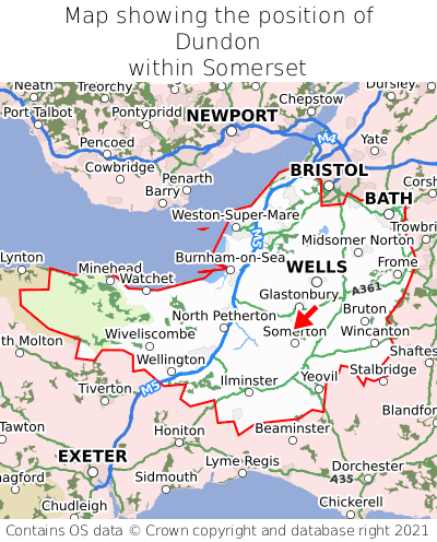 Map showing location of Dundon within Somerset