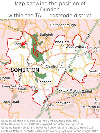 Map showing location of Dundon within TA11