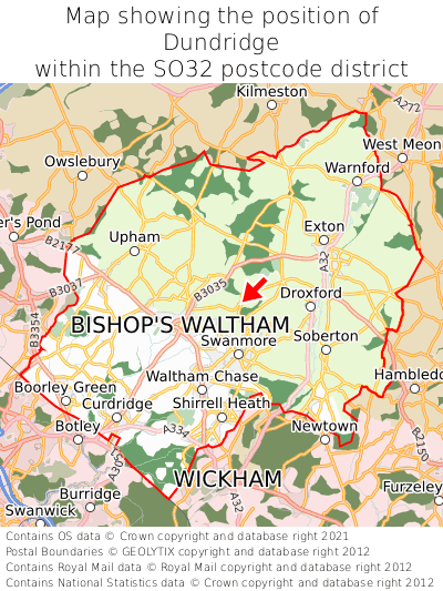 Map showing location of Dundridge within SO32