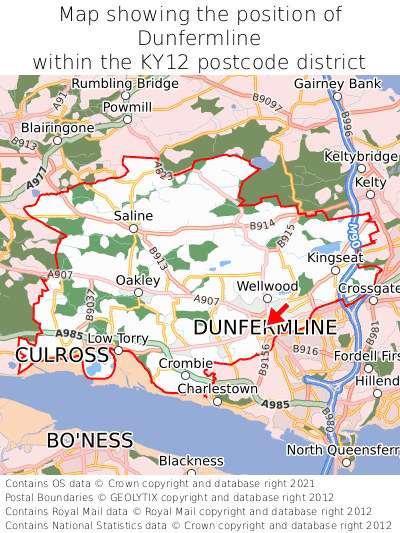 Map showing location of Dunfermline within KY12