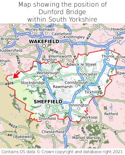 Map showing location of Dunford Bridge within South Yorkshire
