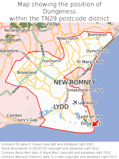 Map showing location of Dungeness within TN29
