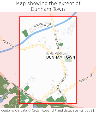 Map showing extent of Dunham Town as bounding box