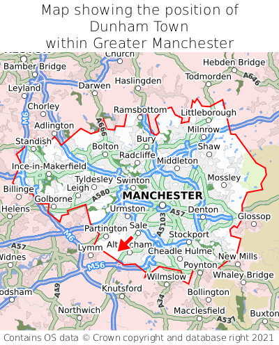 Map showing location of Dunham Town within Greater Manchester