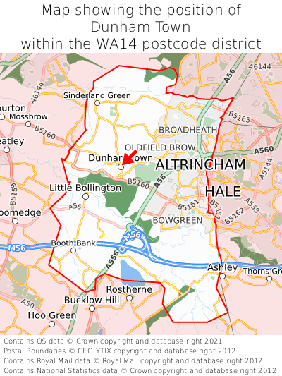 Map showing location of Dunham Town within WA14