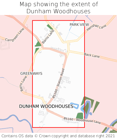 Map showing extent of Dunham Woodhouses as bounding box