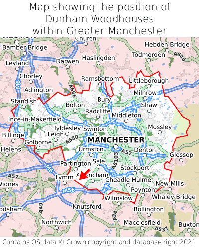 Map showing location of Dunham Woodhouses within Greater Manchester