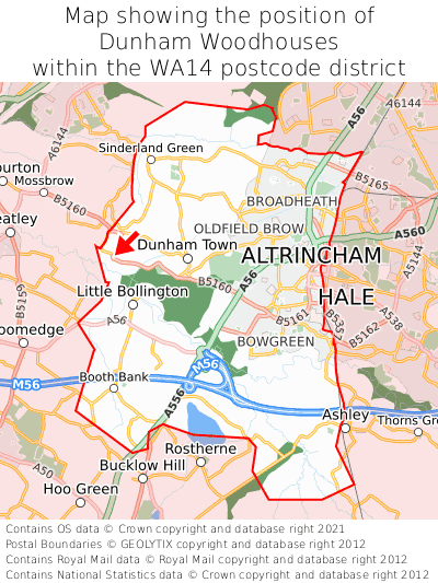 Map showing location of Dunham Woodhouses within WA14