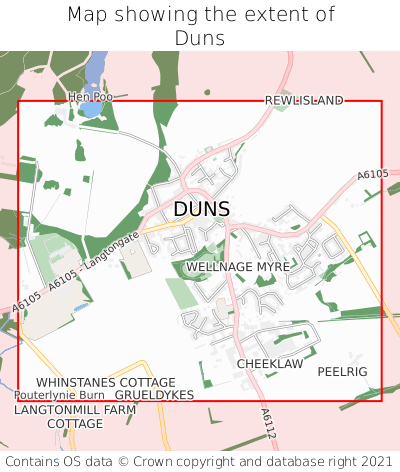 Map showing extent of Duns as bounding box