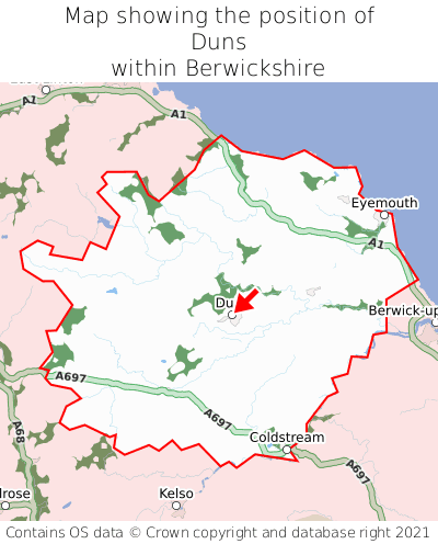 Map showing location of Duns within Berwickshire
