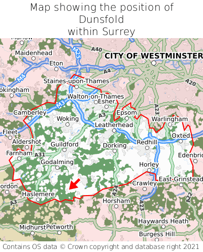 Map showing location of Dunsfold within Surrey