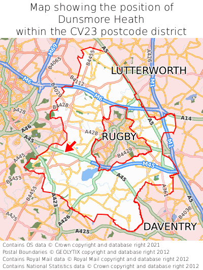 Map showing location of Dunsmore Heath within CV23