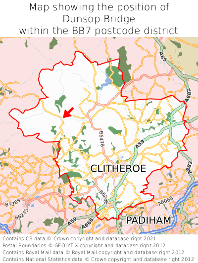 Map showing location of Dunsop Bridge within BB7