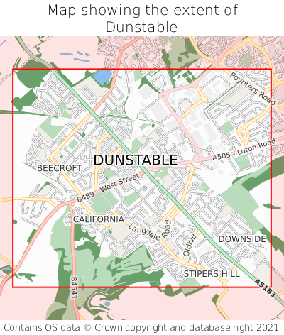 Map showing extent of Dunstable as bounding box