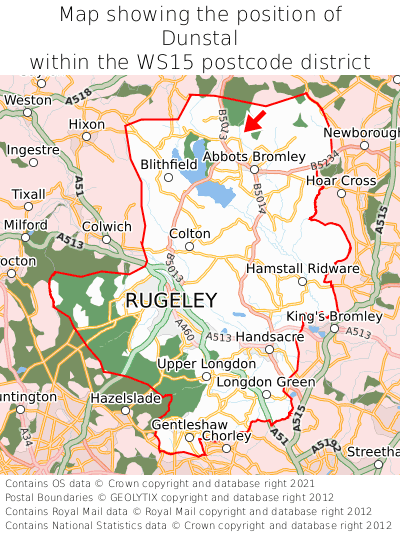 Map showing location of Dunstal within WS15