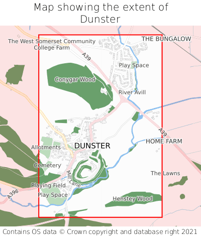 Map showing extent of Dunster as bounding box