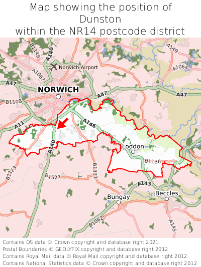 Map showing location of Dunston within NR14