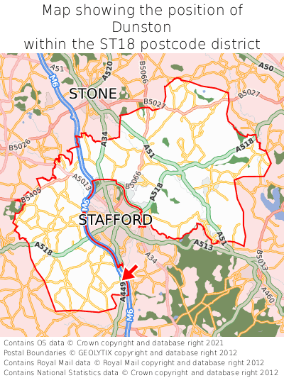Map showing location of Dunston within ST18