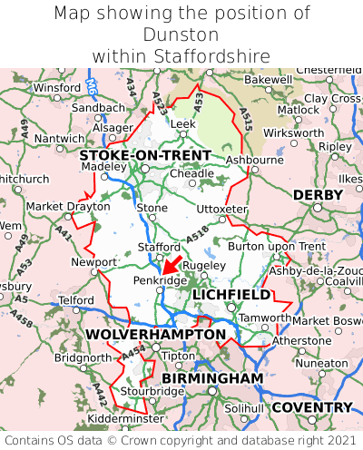 Map showing location of Dunston within Staffordshire