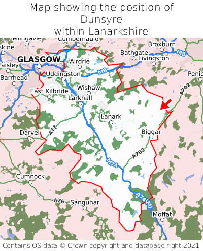 Map showing location of Dunsyre within Lanarkshire