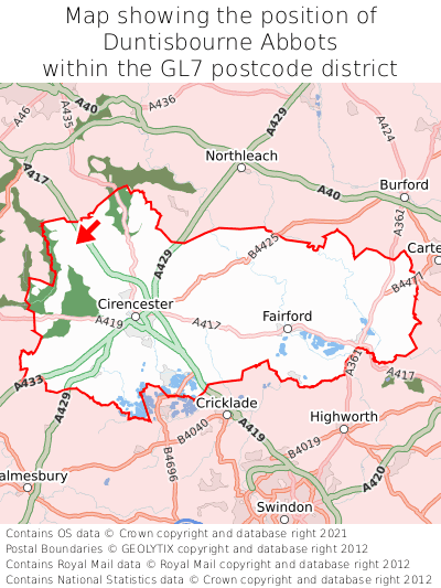 Map showing location of Duntisbourne Abbots within GL7