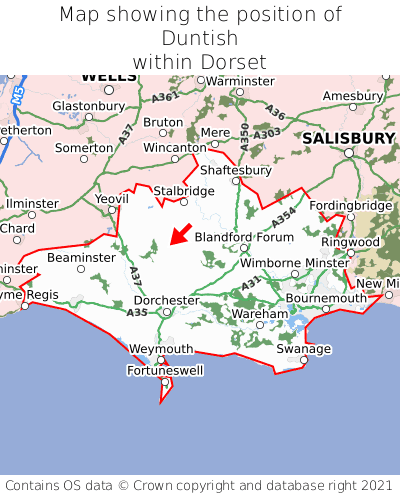 Map showing location of Duntish within Dorset