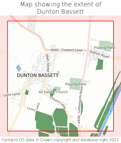 Map showing extent of Dunton Bassett as bounding box