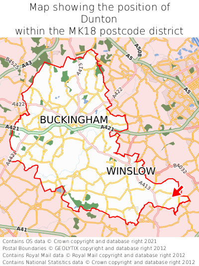 Map showing location of Dunton within MK18