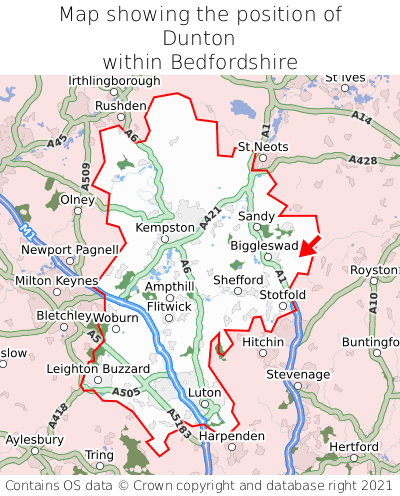 Map showing location of Dunton within Bedfordshire