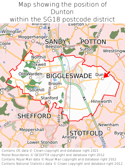 Map showing location of Dunton within SG18