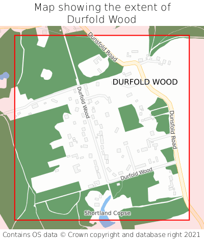 Map showing extent of Durfold Wood as bounding box